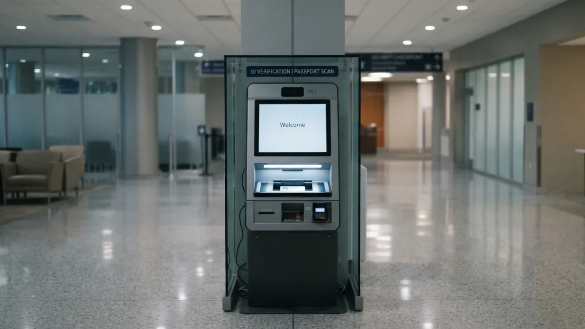 Empty identity verification kiosk in an institutional lobby