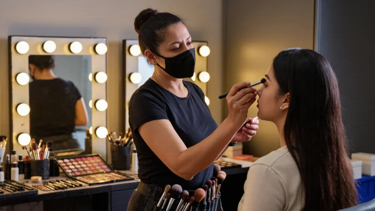 Makeup artist styling actor in trailer before event
