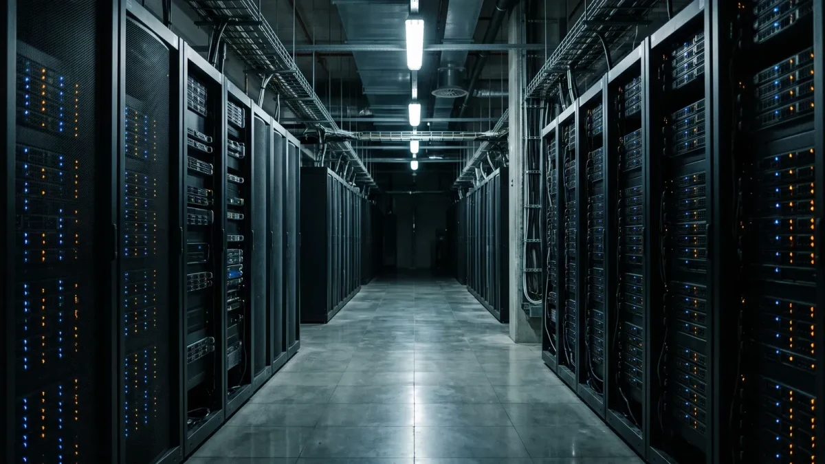 Server racks in a corporate data center corridor at night