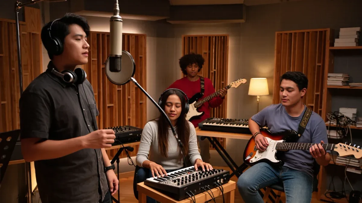 Diverse young musicians recording a track in a home studio