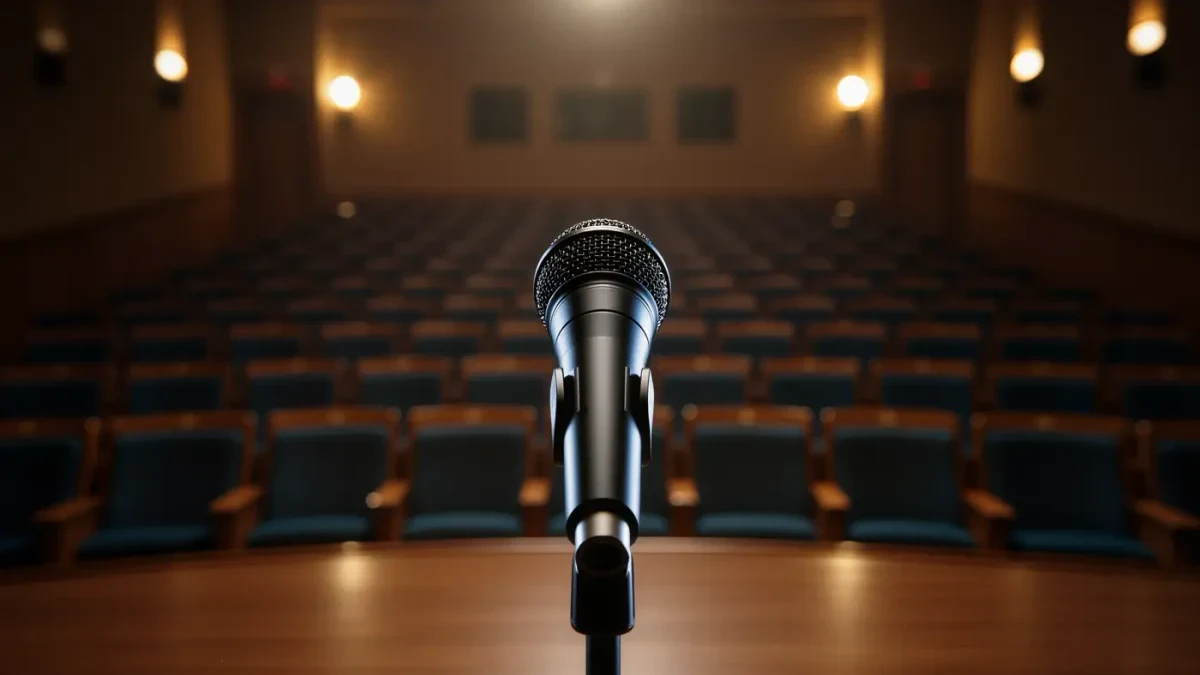 Single microphone standing at a stage edge before an evening artist talk
