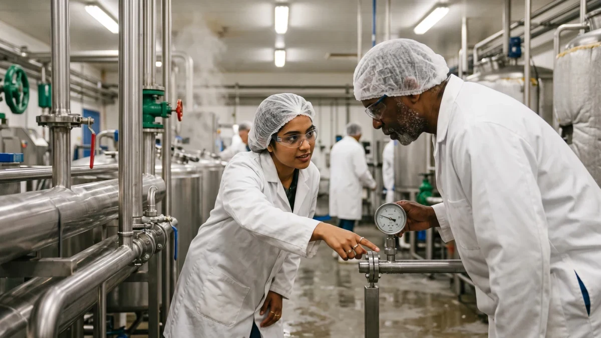 Workers in hairnets inspecting a dairy processing line