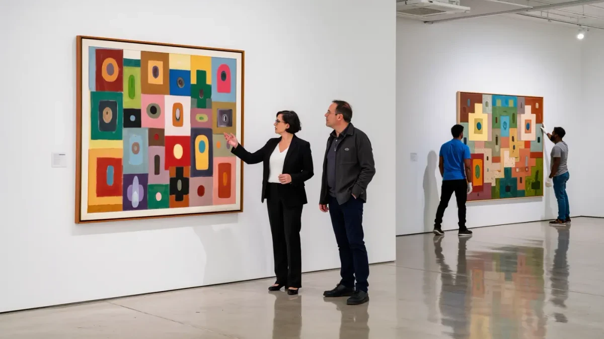 Gallery director and collector discussing a painting in a bright exhibition space