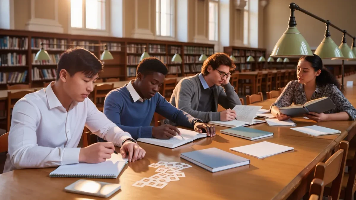 Diverse students comparing paperback translations around a library reading table