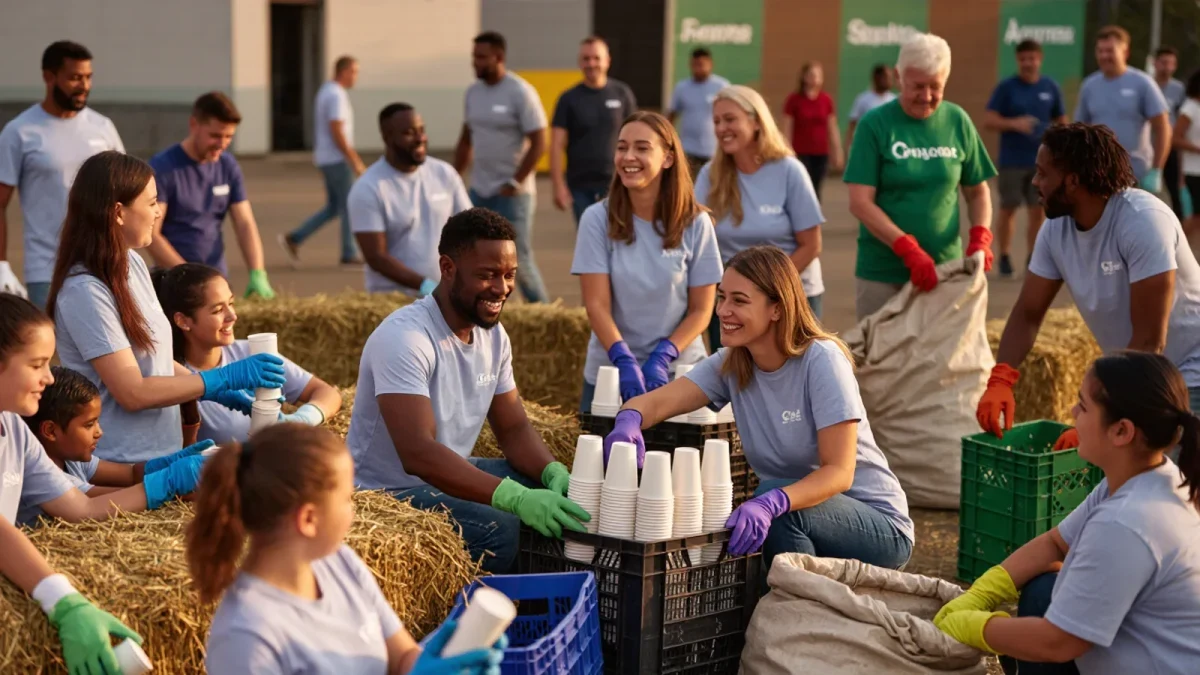 Festival volunteer team sorting reusable cups at waste station