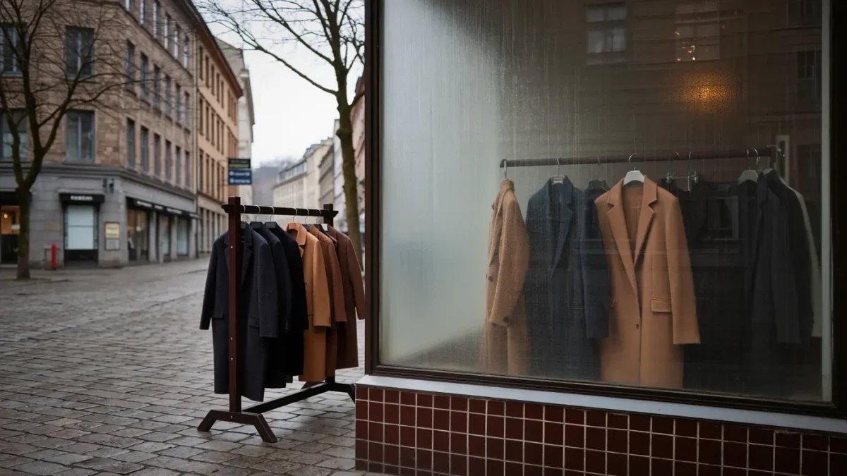 Wool coats in charcoal and camel hanging on wooden racks outside a boutique window on a wet February street, no people