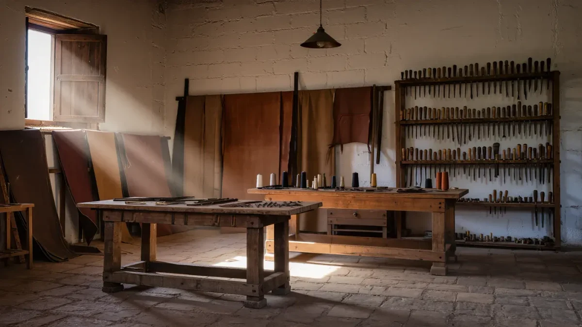Empty Spanish leather workshop with workbenches, awls and stacked hides in daylight