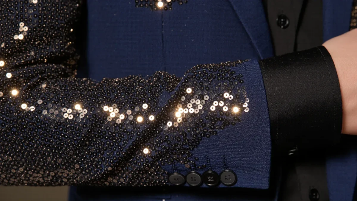 Close-up of a sequined jacket cuff on a premiere carpet