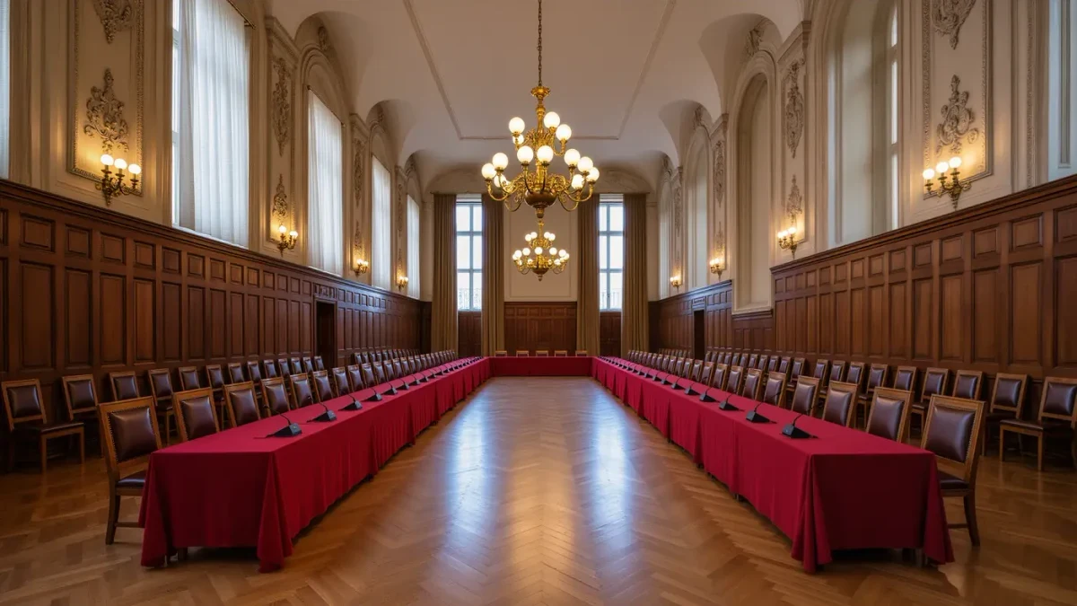 Empty wood-paneled synodal hall with long meeting table