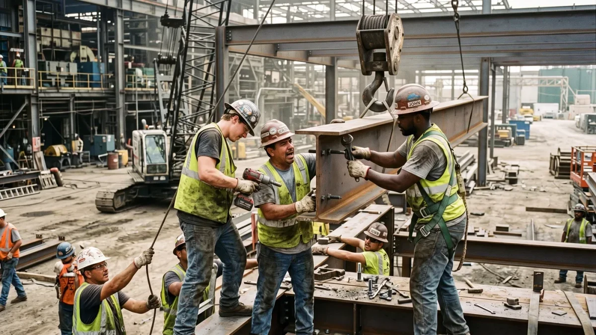 Construction crew of varied ages working on an industrial site