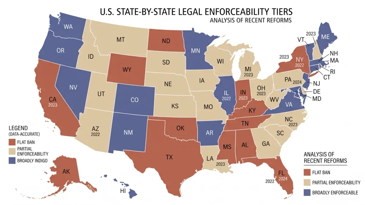 Map of states colored by noncompete enforceability tiers