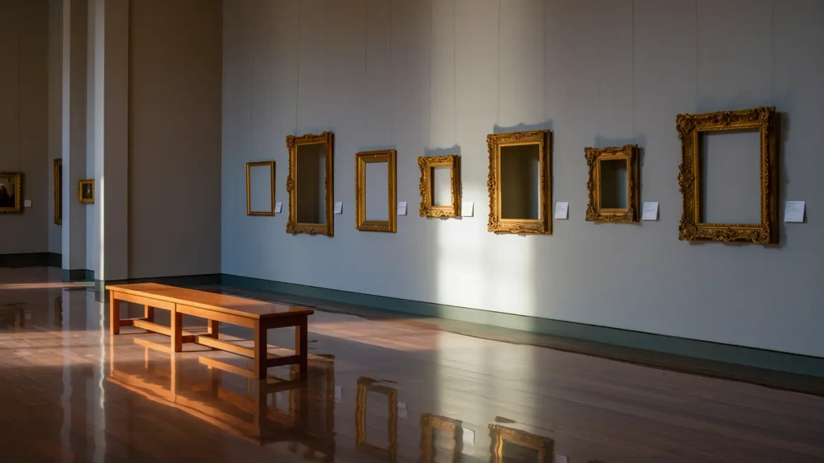 Quiet gallery corner with a wooden bench and softly blurred framed works