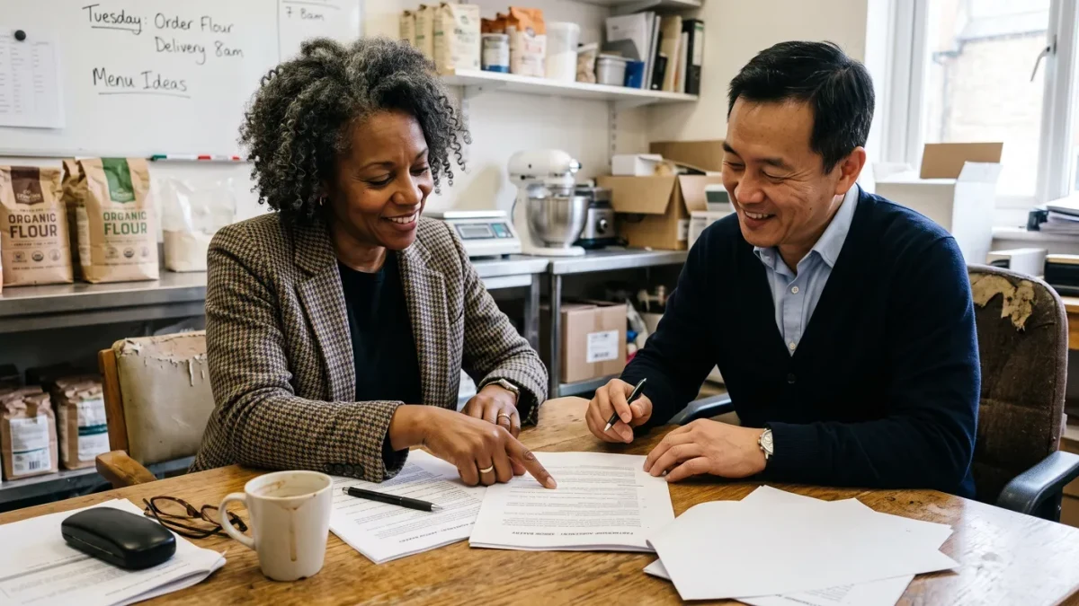 Two partners reviewing agreement terms at a meeting table