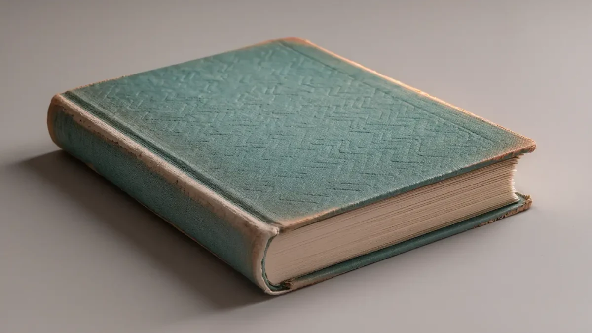 Faded teal 1920s clothbound novel photographed in studio light