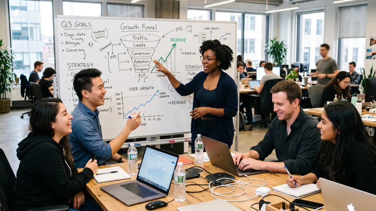 Startup team pitching at a whiteboard with growth charts