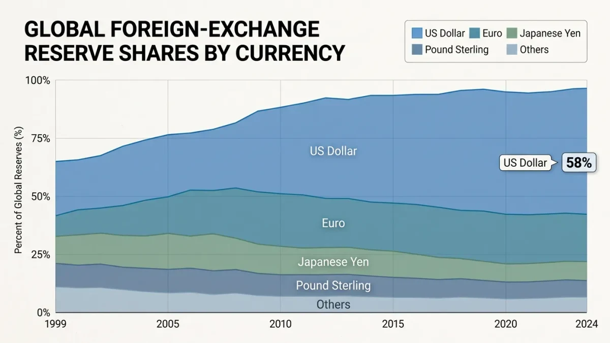 Infographic of global reserve currency shares by decade