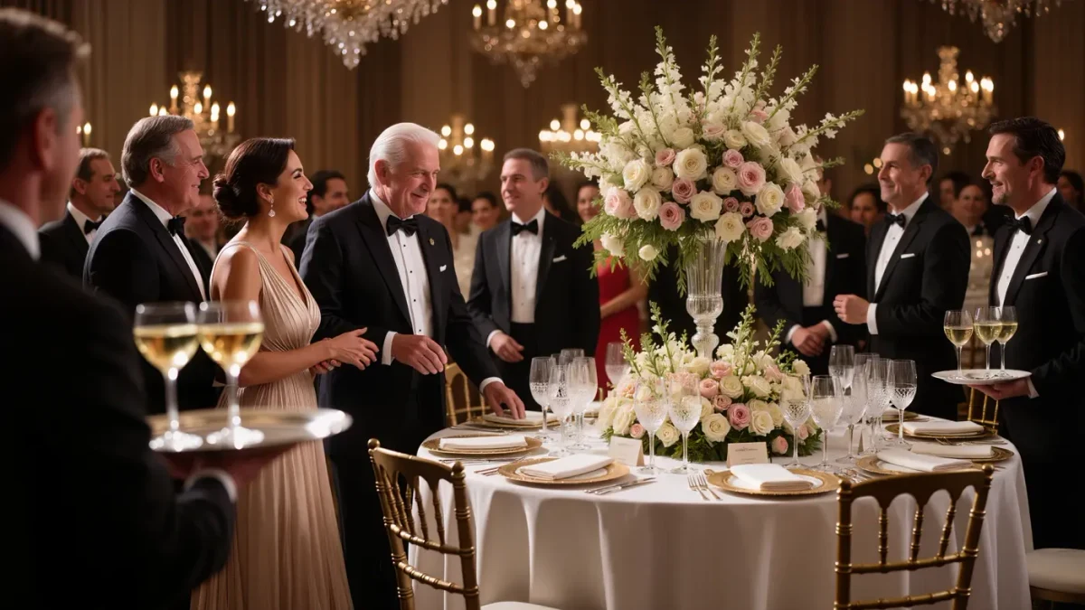 Guests in evening wear greeting each other at a formal gala table