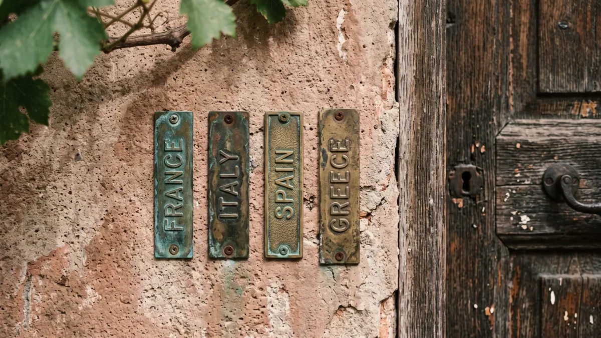 Close-up of brass national plaques mounted on a weathered pavilion wall