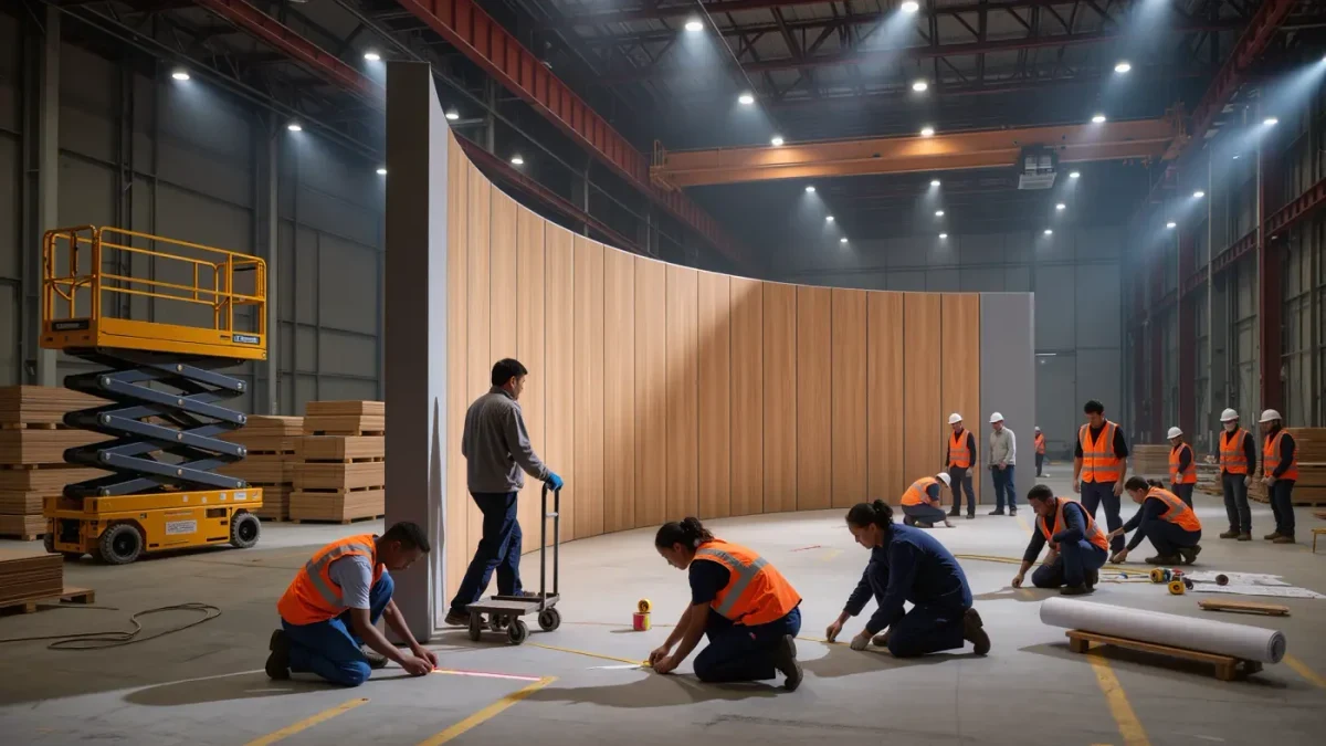 Production crew assembling a set wall inside a show venue