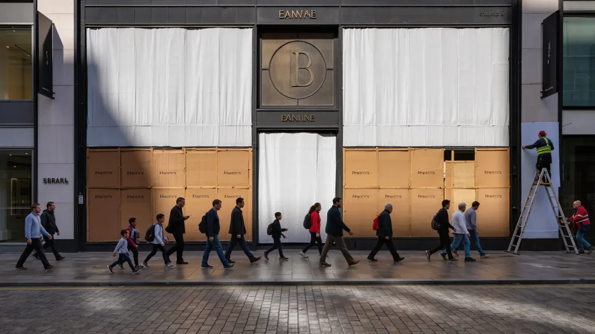 Pedestrians passing a boutique facade wrapped in paper during rebranding
