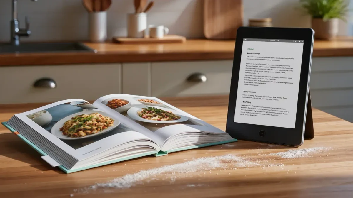 Printed cookbook spread beside an e-reader showing the same recipe