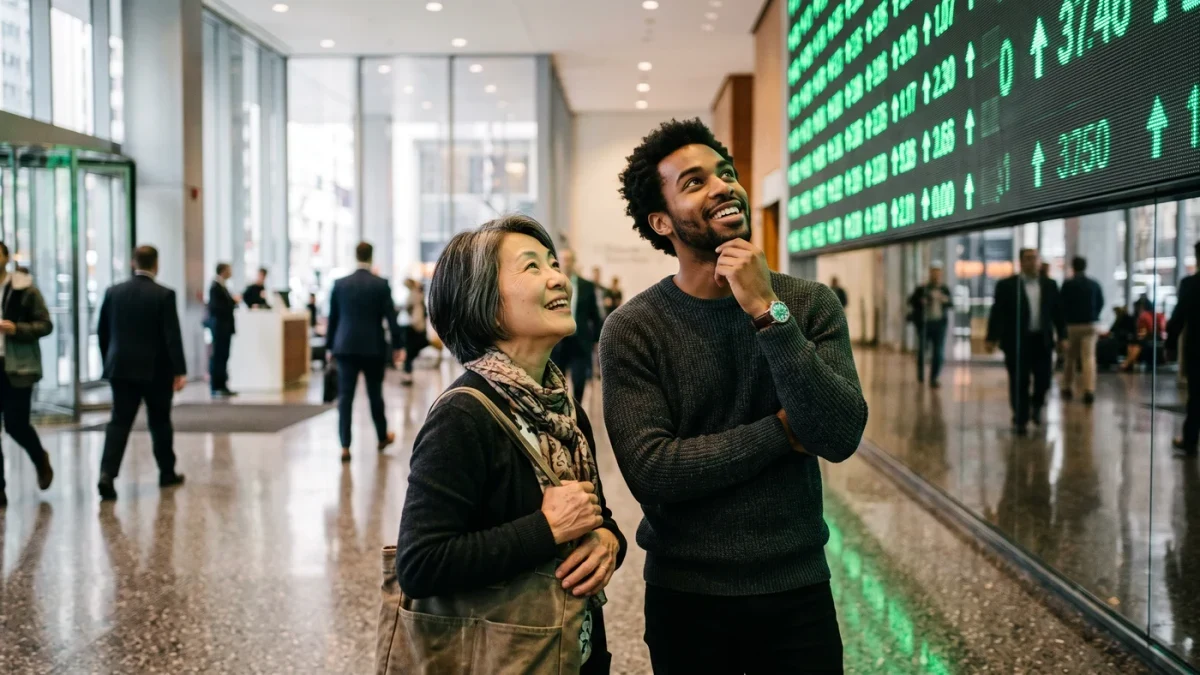 Investors watching a rising share board in a brokerage lobby