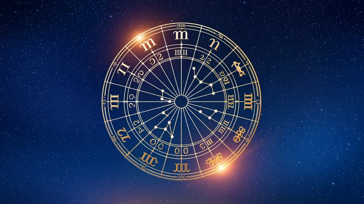 Labeled celestial illustration of a circular birth chart with zodiac ring