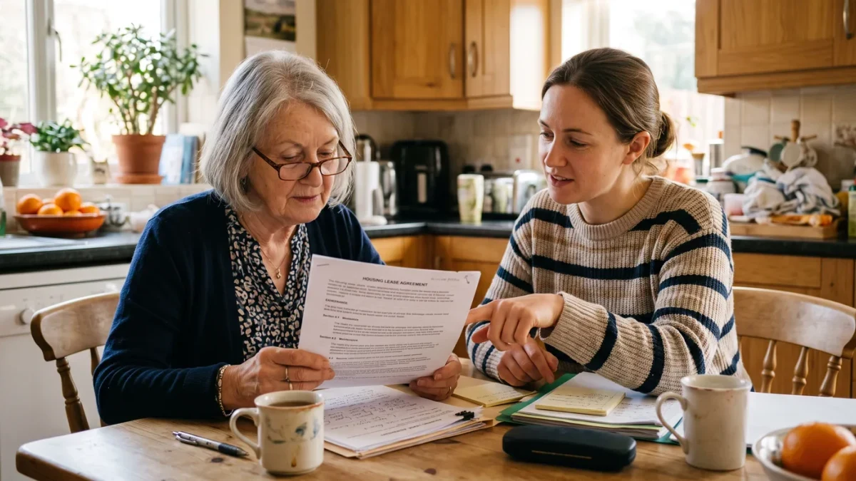 Older woman with a supporter reviewing documents at her kitchen table