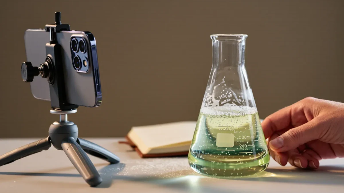 Teacher filming a science demo on a phone mounted on a tripod