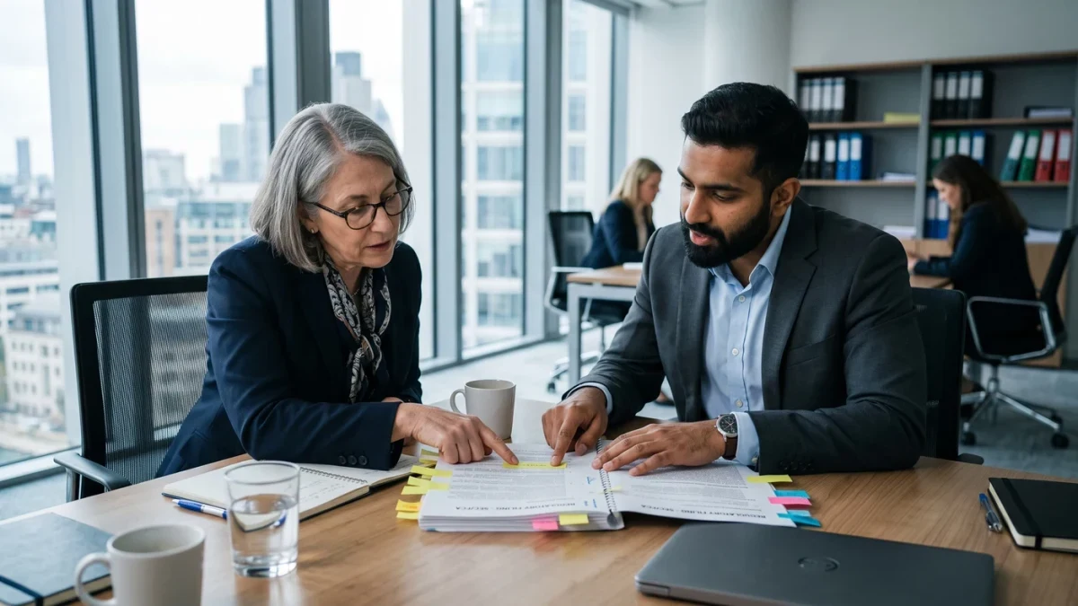Securities lawyers reviewing a corporate filing at a conference table