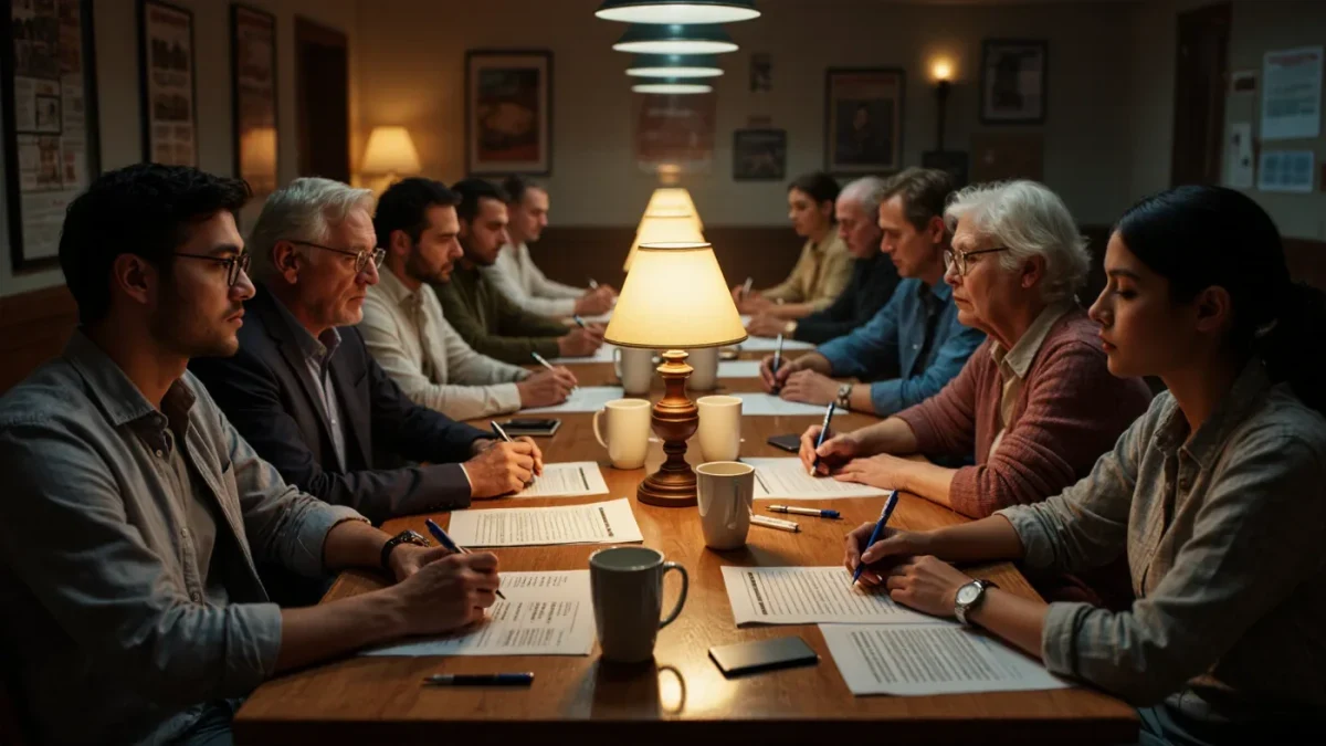 Film industry members filling out ranked paper ballots at a nomination meeting