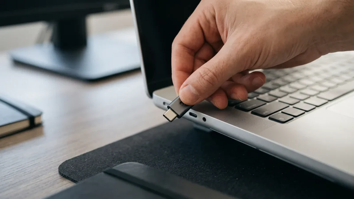 Close-up of a hand attaching a security key to a laptop USB port