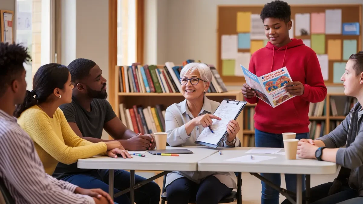Neighbors chatting over a clipboard at a community table