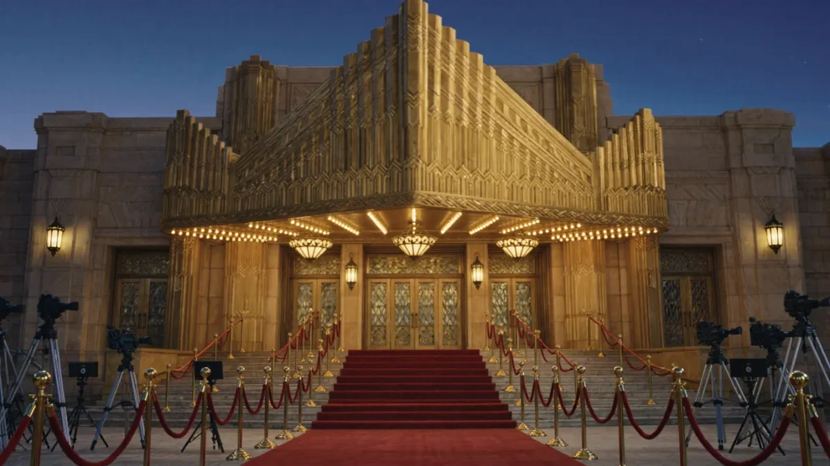 Empty grand theater entrance with red carpet and flash positions
