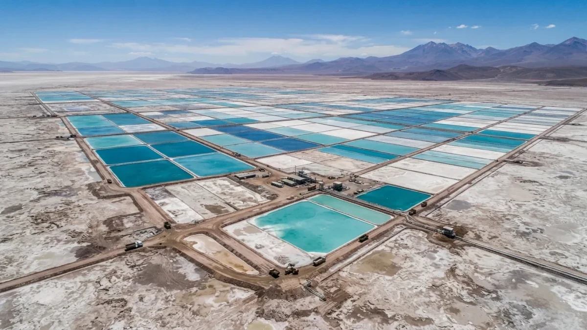 Aerial view of brine evaporation ponds in a salt flat