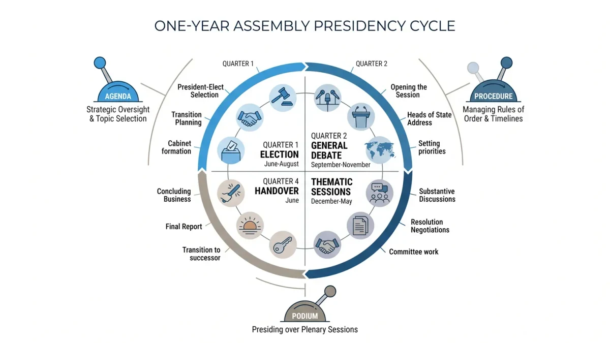 Diagram of the one-year UNGA presidency cycle and its three levers