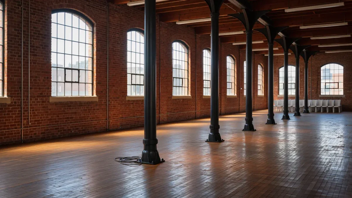 Empty converted Brooklyn warehouse interior with steel windows and brick walls