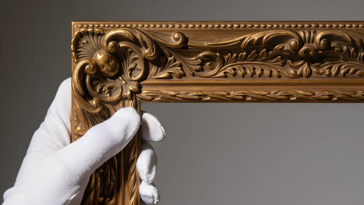 White cotton gloves gripping the corner of a gilt frame