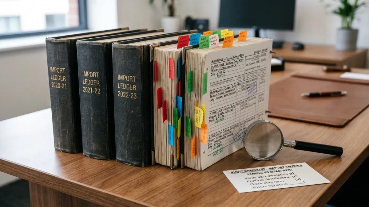 Close-up of entry ledgers organized with audit tabs by year