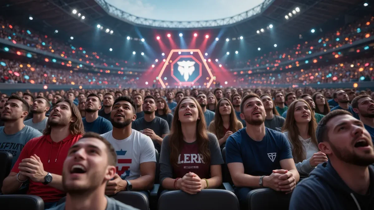 Fans in a packed esports arena watching a playoff bracket stage