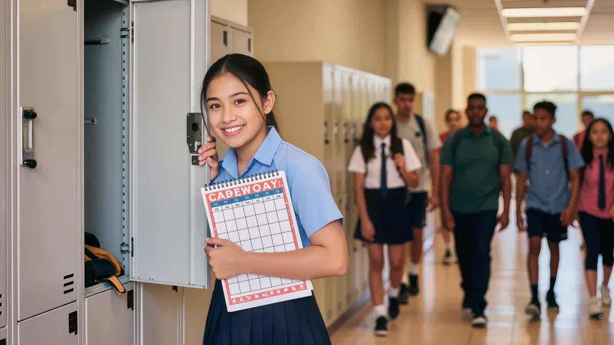 Teenager opening a fresh locker on the first day of high school