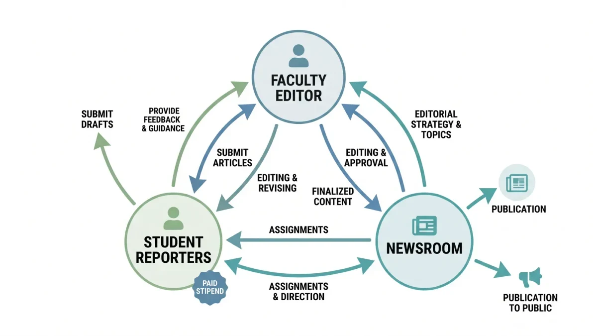 Infographic of a partnership structure linking newsroom, faculty, and students