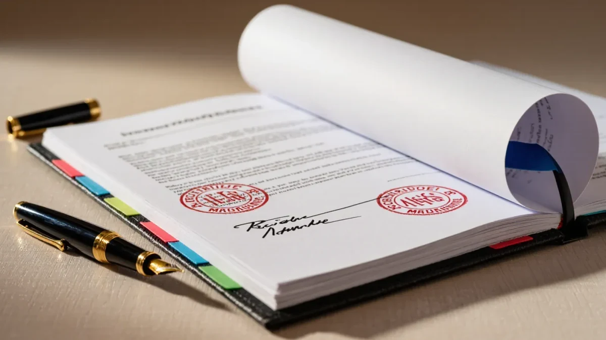 Close-up of a signed endorsement contract with clause tabs