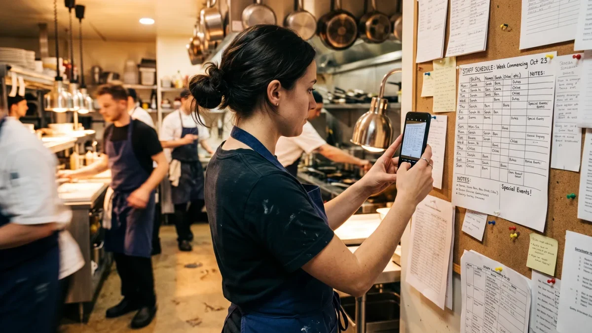 Kitchen worker photographing a paper schedule pinned to a staff wall