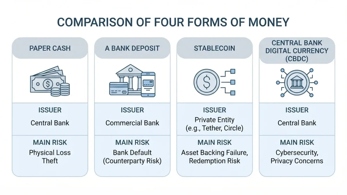 Infographic comparing cash, stablecoin, CBDC and bitcoin money