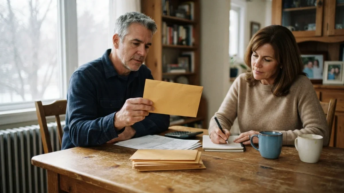 Documentary photo of a couple reviewing paperwork at a dining table