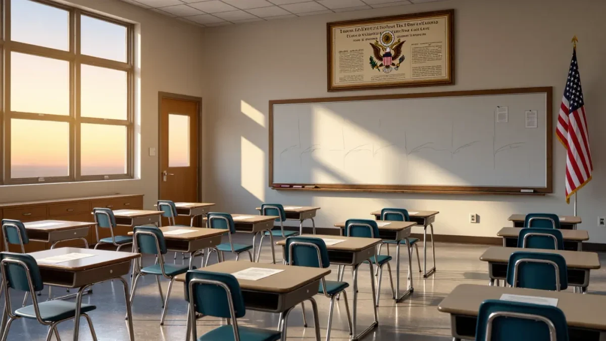 Empty high school civics classroom with Constitution poster