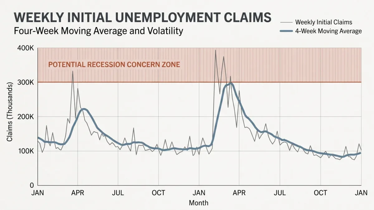 Chart of weekly initial claims with four-week average and threshold band