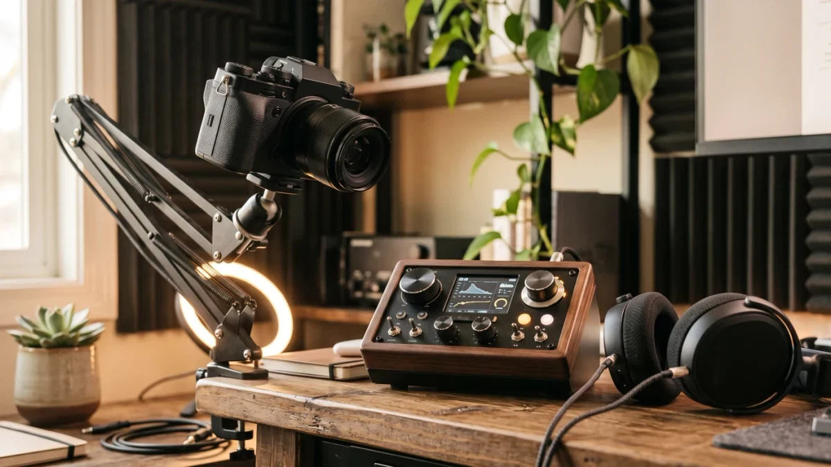 Home studio desk with camera, ring light and recording gear