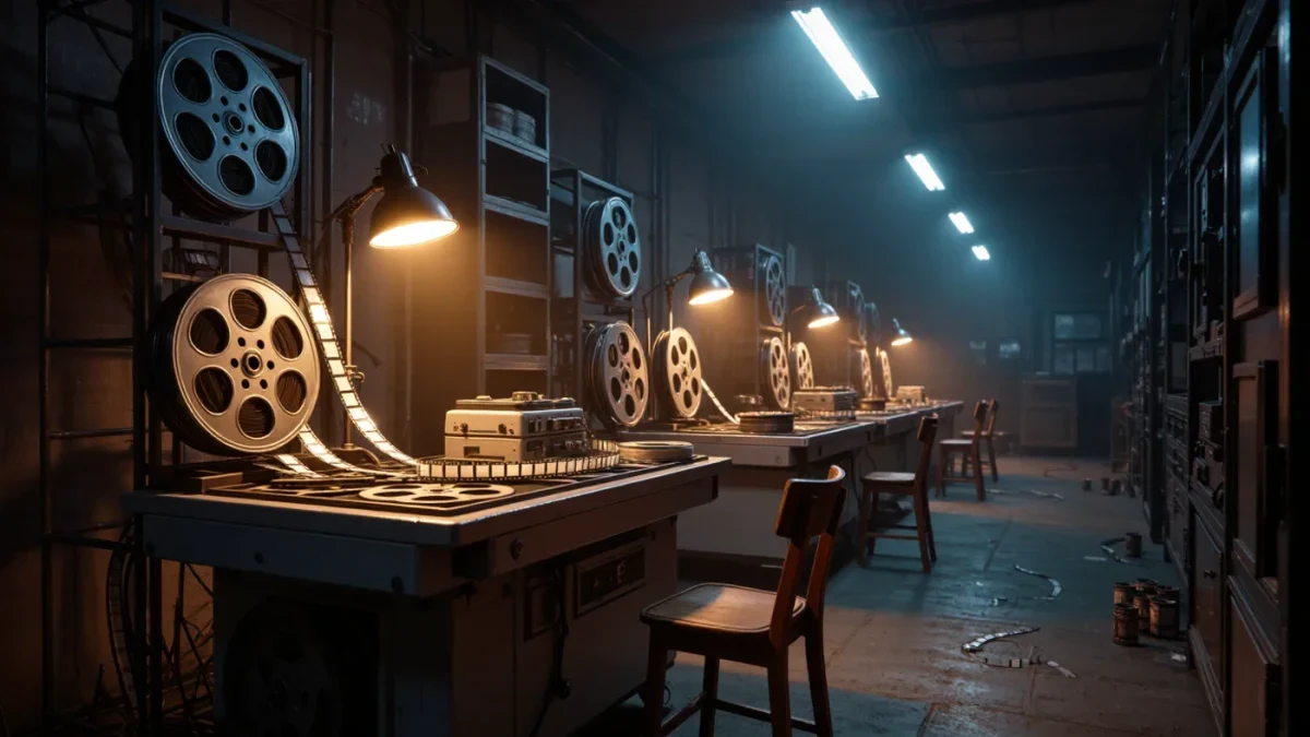 Dim edit suite with a flatbed film machine and hanging reels